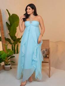 The Leen Edit Women's Light Blue Summer Casual Holiday Vacation Holiday Beach Dress,Metal Starfish Halter Tie Bow Multi-Layer Ruffle Asymmetrical Hem Long Party - Baby Blue - View 3