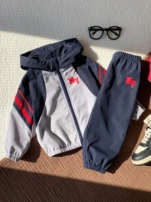 SHEIN 2件組男嬰秋冬運動可愛街頭風休閒拼色連帽衛衣與長褲套裝 - 彩色 - 查看 3