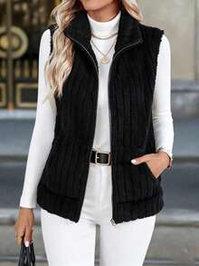 EMERY ROSE Women's Solid Color Zipper Casual Versatile Daily Travel Vest Jacket - Dusty Blue - View 6