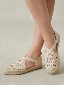 Styleloop Fashion Women's Light Apricot Embroidered Flowers Hollow Hemp Rope Sole Elastic Band Hollow Women's Flat-Soled Shoes Suitable For Outdoor Vacation Fall Shoes - Apricot - View 4