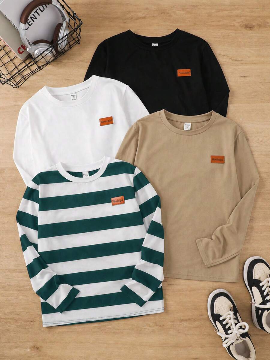 4pcs Tween Boy Casual Solid Color & Striped Long Sleeve T-Shirts Chic For Autumn/Winter Fall - Multicolor - View 1