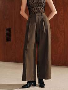 Anewsta Spring/Autumn Elegant Commute Work Outfits Center Pleated High Waist Straight Leg Long Pants Suit Pants, Suitable For Commute, Daily Wear And Date Outfits - Army Green - View 6