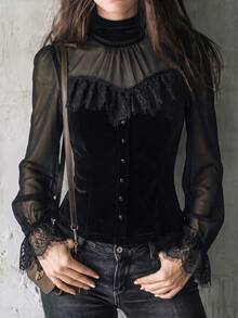 LUMIGAL Women's Mesh & Velvet Patchwork Lace Waist-Cinching Top, Spring/Autumn Vintage Gothic - Black - View 1