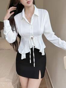 Tideelle Women's Autumn And French Romantic Elegant Bow Front Ruffled Fitted Long-Sleeve Versatile Shirt Going Out White - White - View 6
