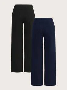SHEIN EZwear 2件組女款休閒極簡高腰摺疊寬腿直筒長褲，適合夏季，小馬印花圖案 - 彩色 - 查看 2