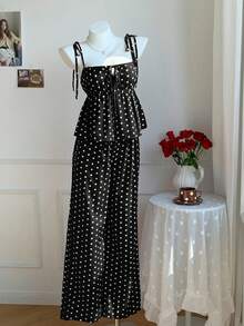 SHEIN CURVE+ 女款大尺碼條紋波點短袖圓領寬鬆1950年代復古Flapper 1920年代夏季兩件套優雅度假黑白配色 - 黑與白 - 查看 6