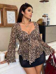 Muchica Plus Size Women's Leopard Print Pleated Casual Versatile Daily Wear T-Shirt Fall - Brown - View 4