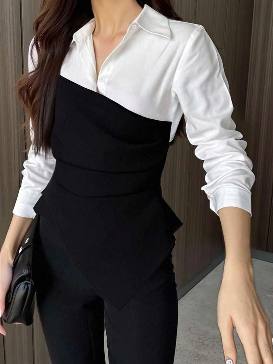 Tideelle 时尚休闲优雅百搭拼色女式衬衫 - 黑與白 - 查看 1