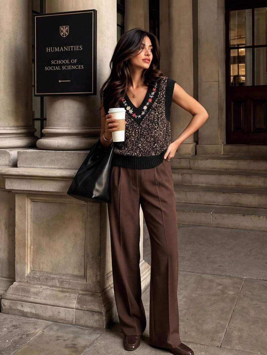 Anewsta Autumn/Winter Mori Style Vintage V-Neck Knitted Vest, Colorful Mixed Yarn Heavy Embroidery Floral Sleeveless Top, Soft Vintage Layering Outerwear - Black - View 1
