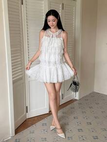 Tideelle 白色蕾丝蝴蝶结无袖上衣+迷你裙两件套，甜美女孩蛋糕裙套装，夏季度假仙女风半身裙 - 白色 - 查看 5