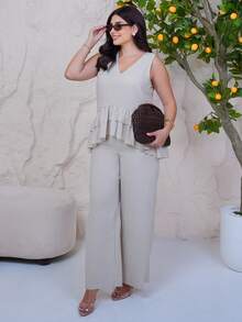 The Leen Edit Ruffle Hem Decorated Camisole + Pants Set Elegant Summer - Khaki - View 3