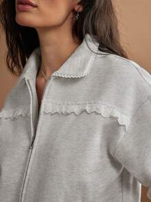 WESTFADE Collared Zipper Front Long Sleeve Eyelet & French Terry Sweatshirt, Casual, Fall, Winter, Autumn, Female Country Look, Cute Basic Top, Cowgirl, Lounge - Light Grey - View 2