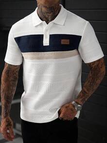Manfinity Homme 男士夏季休閒街頭風拼色拼接短袖 Polo 衫 高爾夫白 - 白色 - 查看 1