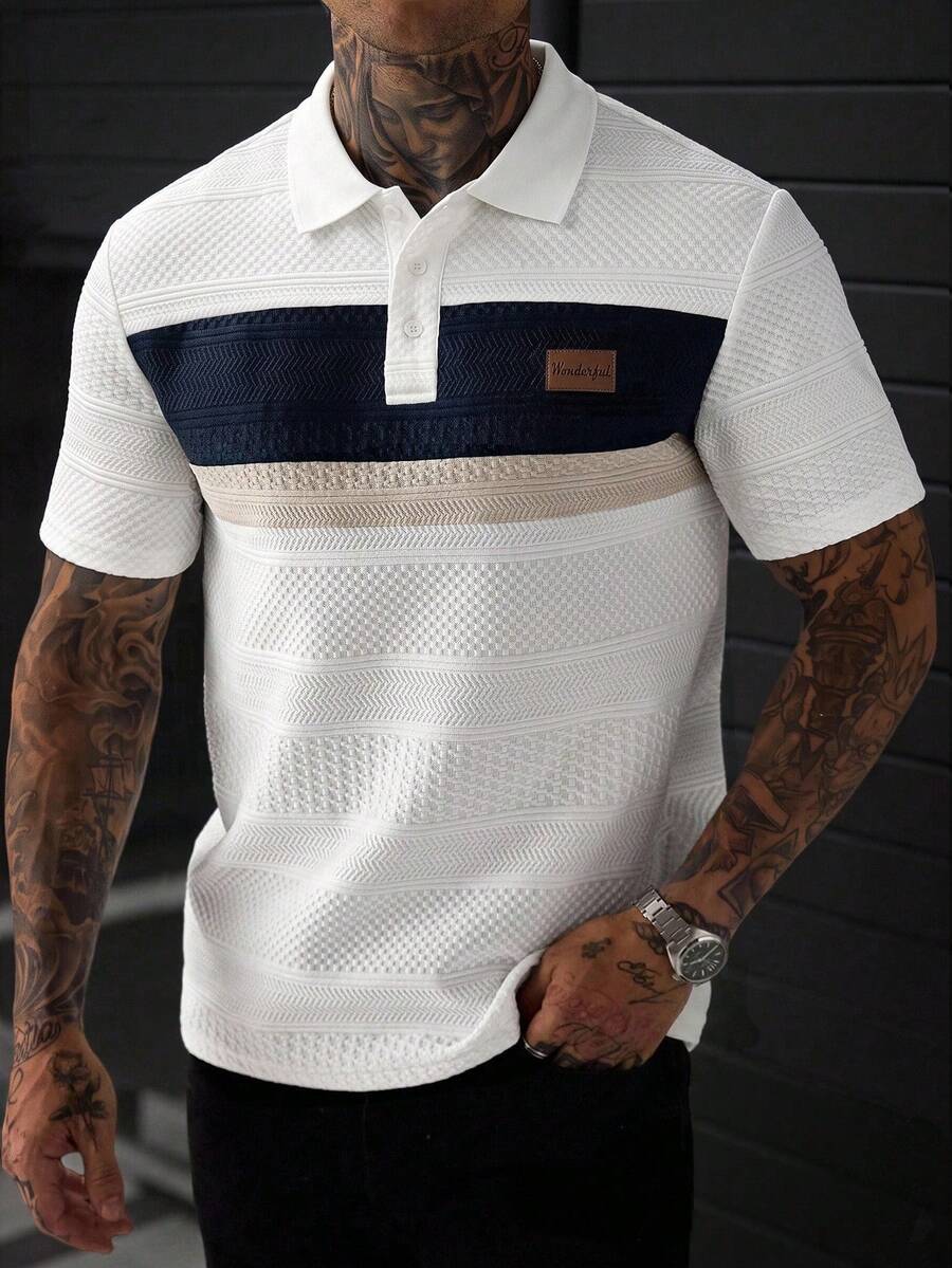 Manfinity Homme 男士夏季休閒街頭風拼色拼接短袖 Polo 衫 高爾夫白 - 白色 - 查看 1