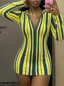 Fiercella Fiercella 極簡街頭風女款夏季黃色無袖條紋修身針織上衣洋裝，Afro時尚穿搭 - 黃色 - 查看 4