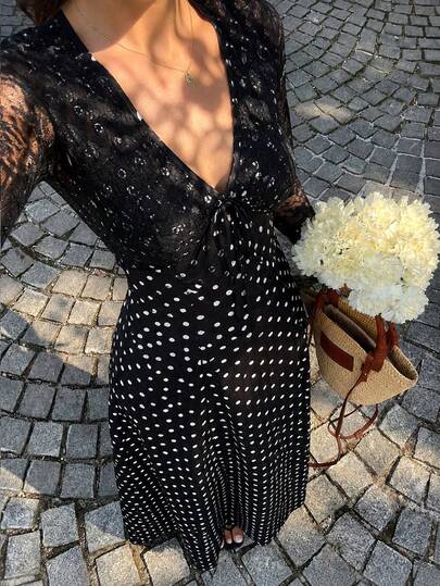 SHEIN PariChic Black With White Polka Dot Patchwork Lace Long Sleeve Women's Dress, French Deep V-Neck Lace Sheer Long Sleeve, Cinched Waist A-Line Full Skirt, Vintage Elegant, Suitable For Dating, Outings And Street Photography