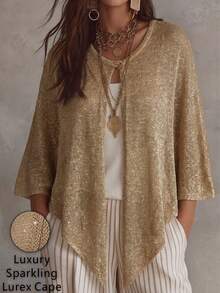 Linhara CURVE 2026NewPlusSizeSolidColorKnitCapeWithGoldSilverMetallicThreadLuxuriousShawlSuitableForRomanticVacationWomenCapeSweaterSparklySilverLurexBlend - Apricot - View 1