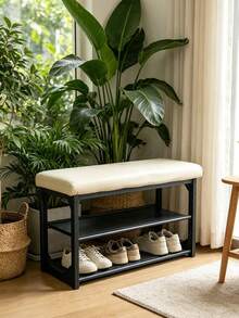 1PC Upholstered Shoe Changing Bench,Double Layer Open Shoe Rack With Cushioned Seat,Breathable Shoe Storage Bench,Sturdy Shoe Stool For Entryway Hallway Apartment Small Home - Multicolor - View 9
