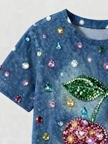 1套少女甜酷風櫻桃短袖上衣與喇叭褲，適合購物、拍照及春秋季節 - 彩色 - 查看 3