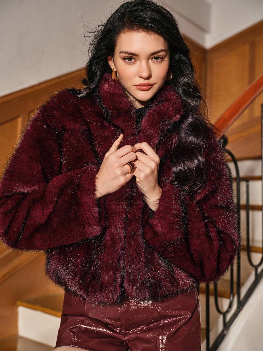 Anewsta Burgundy Faux Fox Fur Short Women's Fashion 3/4 Sleeve Fitted Winter Coat - Burgundy - View 1