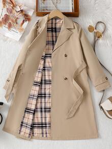 SHEIN Tween Girls Back To School Vintage Khaki Double-Breasted Belted Lapel Collar Midi Coat Fall Winter - Khaki - View 7