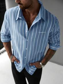 EGENSIO Plus Size Men's Single-Breasted Casual Blue Striped Long Sleeve Shirt - Blue - View 3