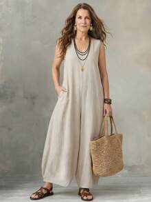 EMERY ROSE Plus Size Women's Solid Color Casual Daily Wear Jumpsuit - Apricot - View 5