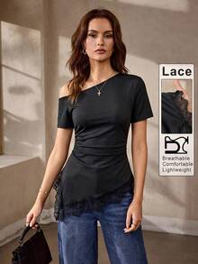 Selenza Summer New Women's Holiday Outfit Black One Shoulder Lace Patchwork Fitted Short Sleeve T-Shirt - Black - View 3