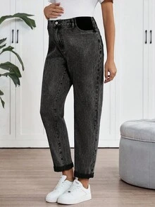 SHEIN 孕妇高腰休闲通勤锥形卷边牛仔裤 - 黑色 - 查看 4