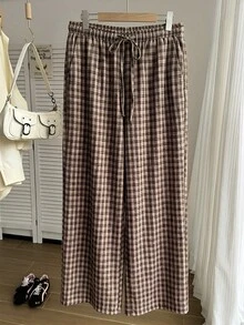 Comfortcana Chocolate Brown Summer Smart Casual Everyday Plaid Casual Pants,Loose Drawstring Waist Pleated Wide Leg Pants Plus Size Countryside Style Trousers - Brown - View 3