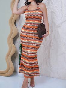 The Leen Edit Women Geometric Printed Fashion Dress With Fish-Tail Hemline, Halter Neck Tie For Summer Party Elegant Vacation - Multicolor - View 4