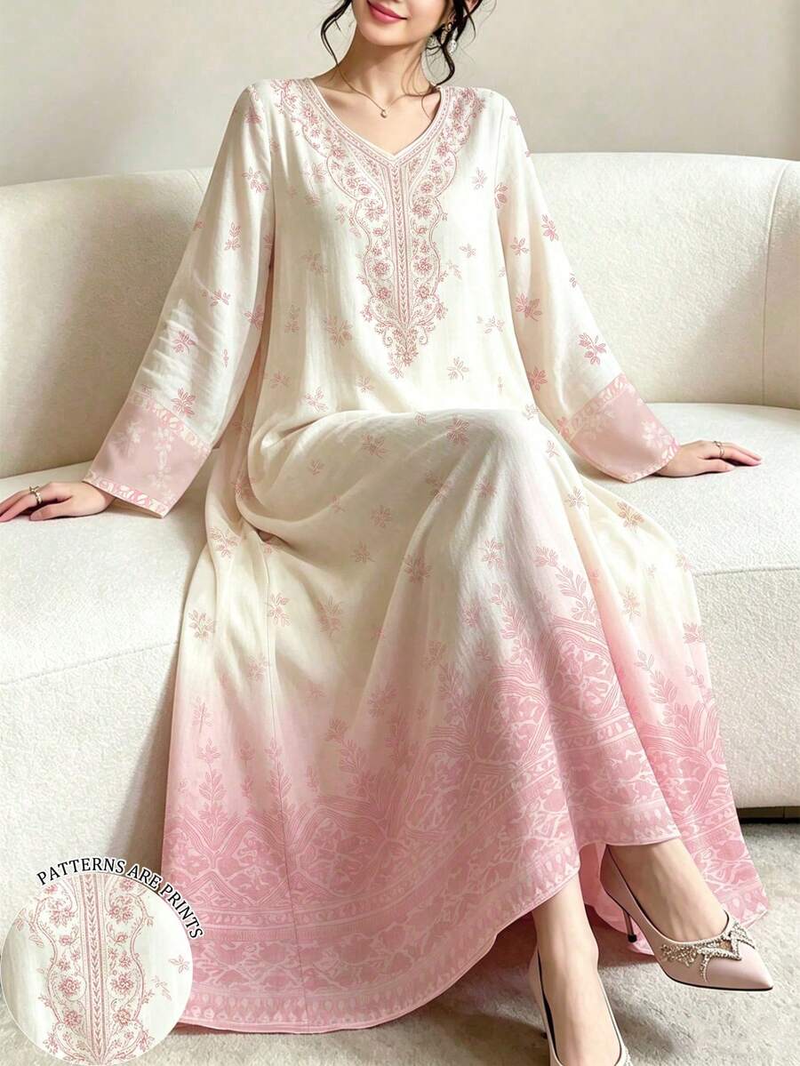 SHEIN Najma 碎花V領長袖長洋裝,優雅端莊休閒花卉漸層長洋裝,秋季時尚正式款 - 彩色 - 查看 1