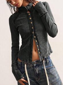 Bohemela Casual Solid Color Knit Women's Lightweight Jacket Everyday Work Going Out Dark Grey Autumn - Black - View 7