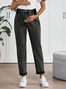 SHEIN 孕妇高腰休闲通勤锥形卷边牛仔裤 - 黑色 - 查看 5