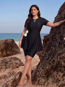 SHEIN Swim Plus Size Women's 3D Floral Decor Short Sleeve Top And Shorts Two-Piece Fabric Bikini Swimsuit Set - Black - View 5
