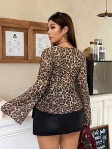 Muchica Plus Size Women's Leopard Print Pleated Casual Versatile Daily Wear T-Shirt Fall - Brown - View 2