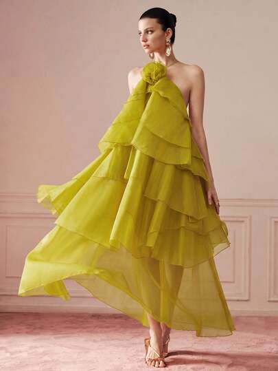 BELROSIE Summer Orange Burnt Orange Voluminous Organza Layered Ruffle Design 3D Floral Halter Neck Backless Women's Dress, Romantic Flowy Tiered Cake Hem, Exquisite Elegant Beach Party Runway Element Heavy Work Wedding Vacation French Versatile