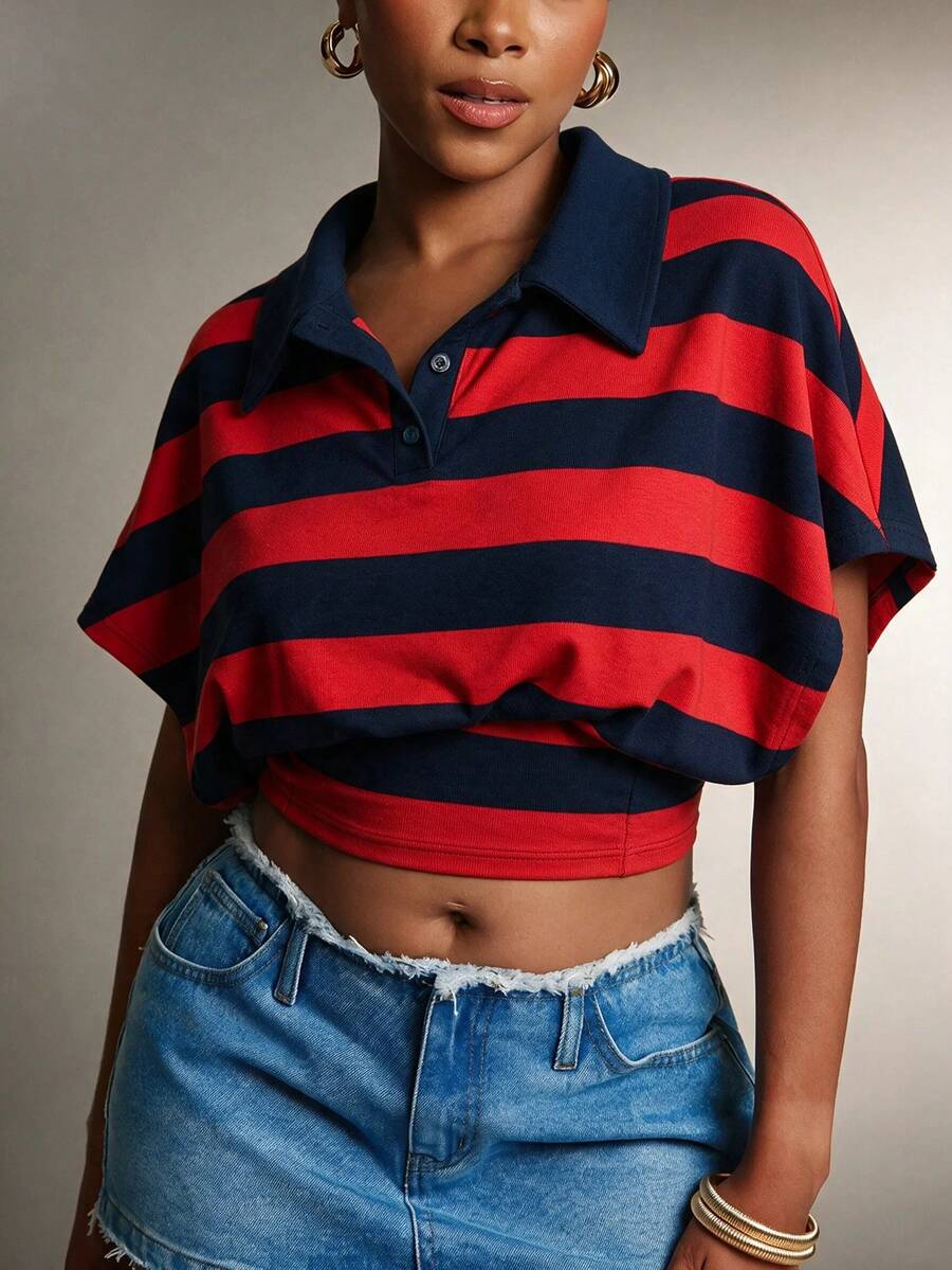 Denimoi Cinched Waist Collared Striped Polo Top Fashionable Tops Collared Top - Red - View 1