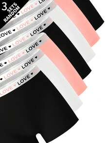 7 Sets Random 3 Pieces Tween Girls' Simple Basic Solid Color Letter Contrast Camisole Top & Shorts Underwear Set - Multicolor - View 3