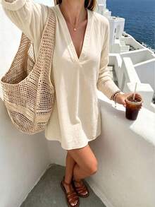 Breezaya Women's Plus-Size Apricot Textured Long-Sleeve V-Neck Dress New Autumn Arrival - Apricot - View 3
