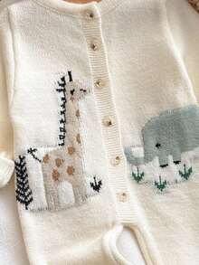 SHEIN Newborn Baby Girl Cute Cartoon Print Long Sleeve Jumpsuit, Fall/Winter Neutral - White - View 3