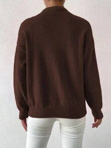 Sprig & Strand Women's Solid Color Stand Collar Drop Shoulder Long Sleeve Casual Pullover Sweater - Brown - View 2