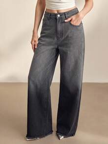 Anewsta Women's Fashion New Gradient Blue Straight Leg Jeans Pants, Vacation Style - Black - View 5