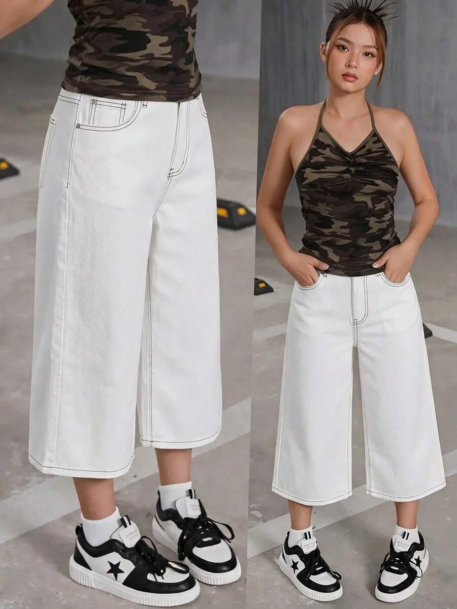 SHEIN 青少年女孩口袋寬腿寬鬆休閒九分牛仔褲 - 白色 - 查看 1