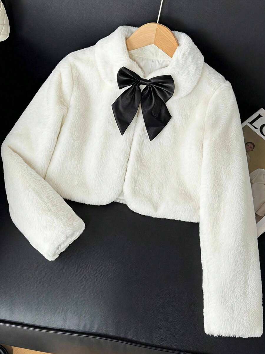 SHEIN 青少年女孩秋冬極簡白色人造毛皮撞色蝴蝶結外套,適合派對與街頭穿搭 - 黑與白 - 查看 1