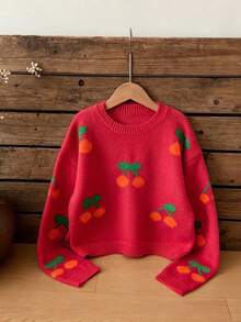 SHEIN Genkimix Kids Fashion Casual Sweet Cherry Pullover Sweater For Girls - Burgundy - View 4