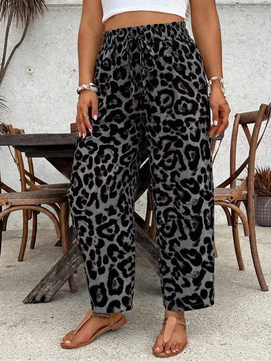 SHEIN VCAY 大尺碼女款豹紋休閒百搭日常旅行長褲 秋季 - 彩色 - 查看 1