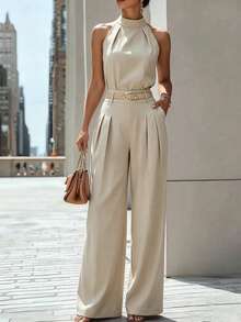 Zovinel Women's Solid Color Casual Versatile Fashion Tank Top And Wide Leg Long Pants Two Pieces Set - Apricot - View 4