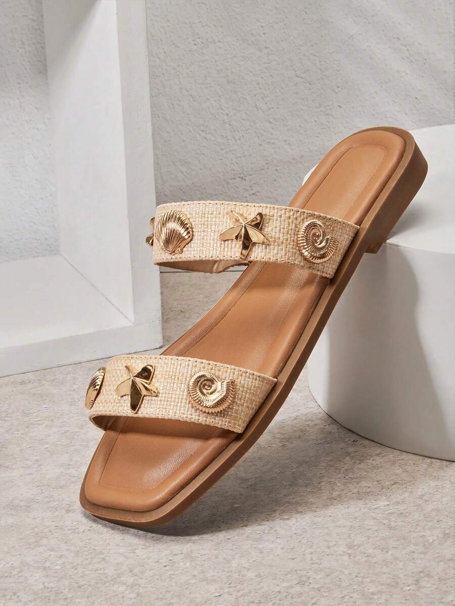 VACAZURE Women's Shell & Starfish Decor Straw Texture Raffia Slides – Coastal Chic Flat Sandals Valentine's Day Summer Shoes - Beige - View 1