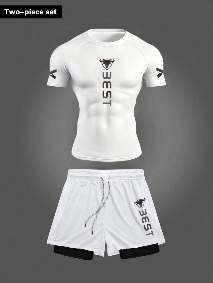 Gym Rark Men's Letter Print Raglan Short Sleeve T-Shirt And Shorts Sports Set - White - View 1